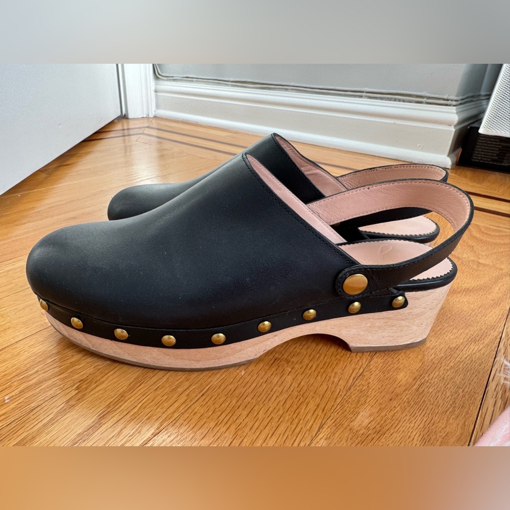 J. Crew black leather sling back clogs size 8